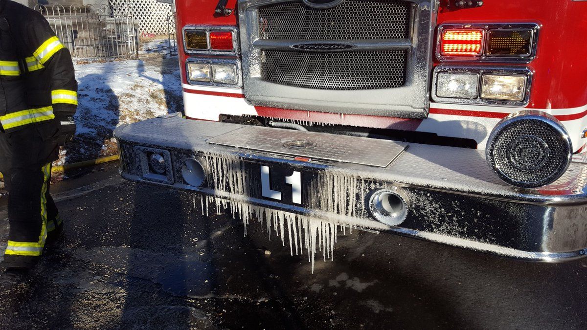 Water froze quickly to the fire truck.